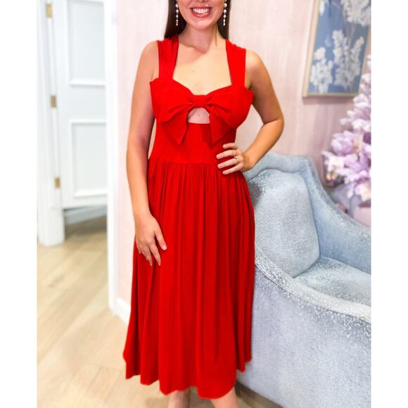 FARM RIO Anthropologie Red Bow Detail Midi Dress Sleeveless Sweetheart NWT L - Picture 6 of 10